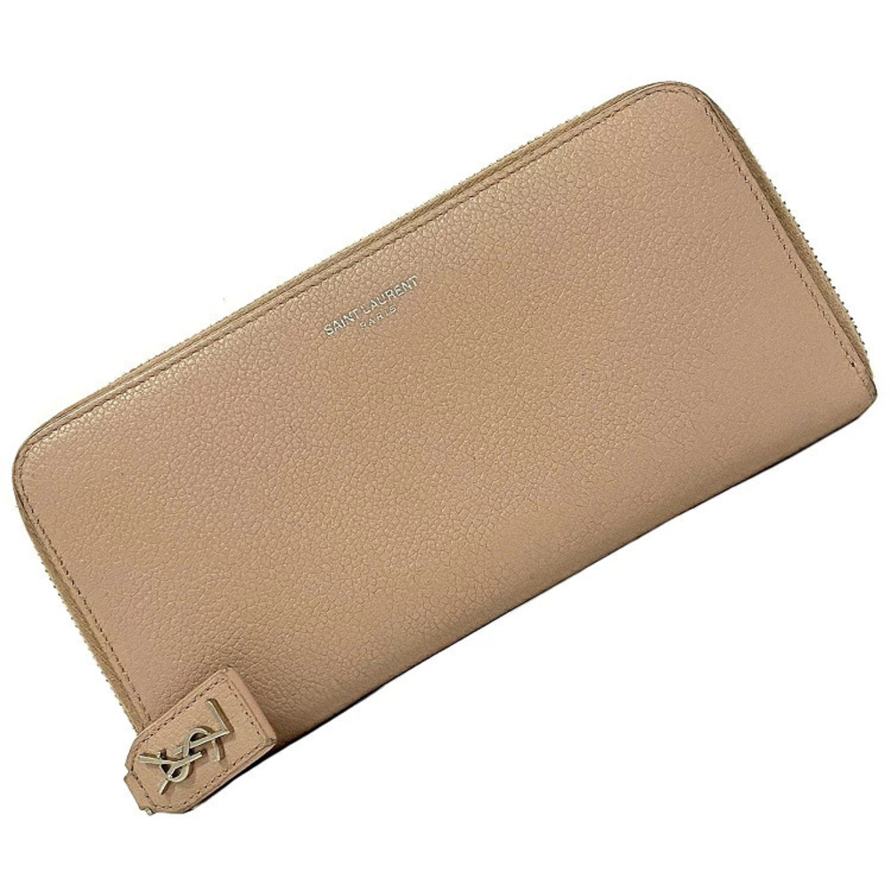 Saint Laurent Paris Zip Long Wallet Leather Coin Purse Beige Pink Tan